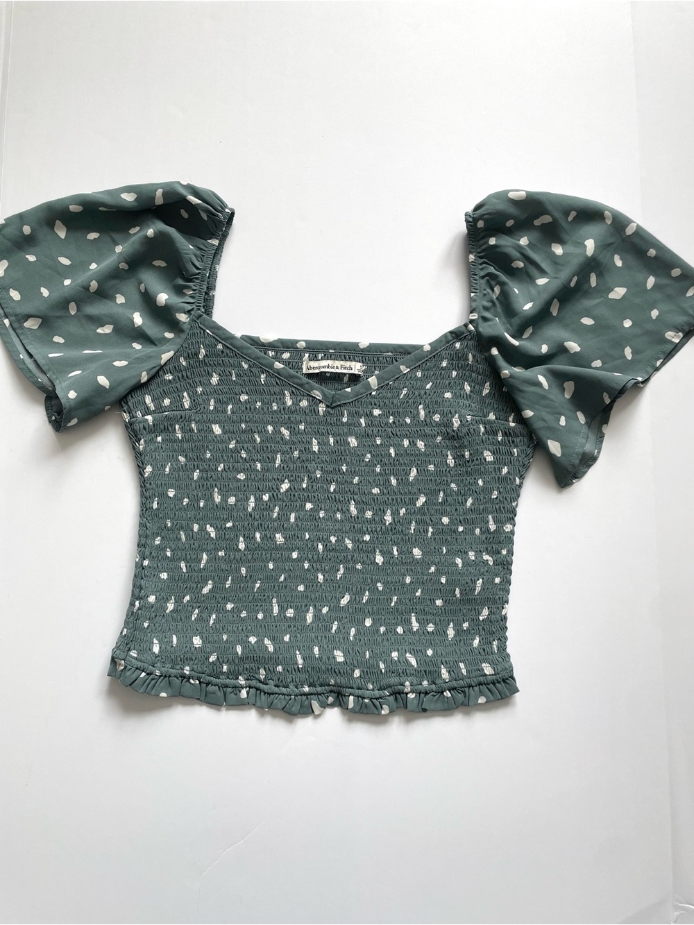 Abercrombie & Fitch Teal Green Smocked Crop Top with Puff Sleeves